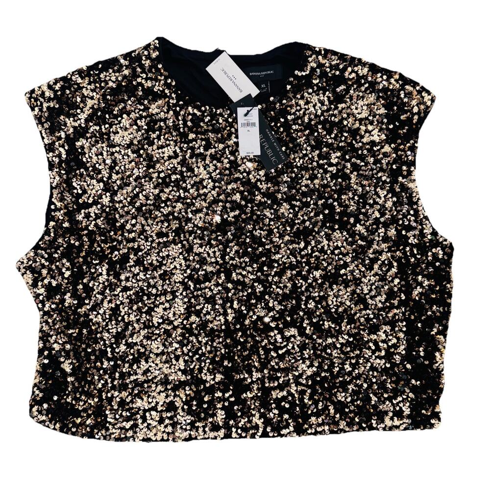 New Banana Republic Womens Gold Sequin Boxy Blouse XL $95 Glam Party Band NWT
